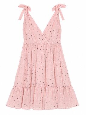 Pink Polka Dot Chiffon Babydoll Mini Dress Tie Strap Ruffle Boho Cottagecore S